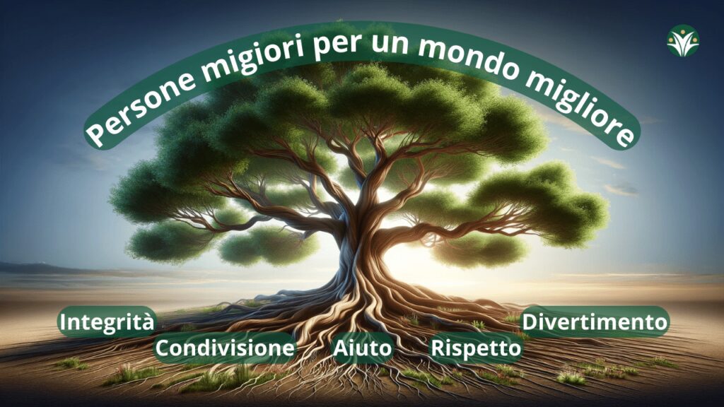 Un albero che rappresentai valori aziendali con radici profondi che porta alla realizzazione della vision